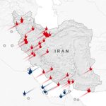 A map showing military strike vectors across Iran.