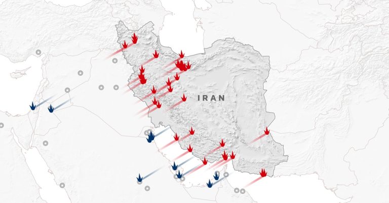 A map showing military strike vectors across Iran.