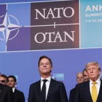 World leaders including Recep Tayyip Erdoğan, Mark Rutte, and Donald Trump standing together at the NATO summit in Ankara.