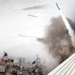 Artistic collage featuring Donald Trump in profile on the left, a missile launching toward the Azadi Tower in Tehran on the right, and US military ships in the foreground.