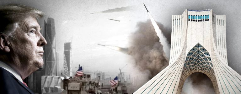 Artistic collage featuring Donald Trump in profile on the left, a missile launching toward the Azadi Tower in Tehran on the right, and US military ships in the foreground.