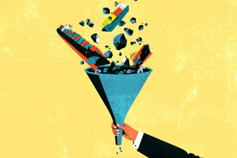 Illustrated image of cargo ships and heavy rocks being squeezed through a blue funnel held by a suited hand.