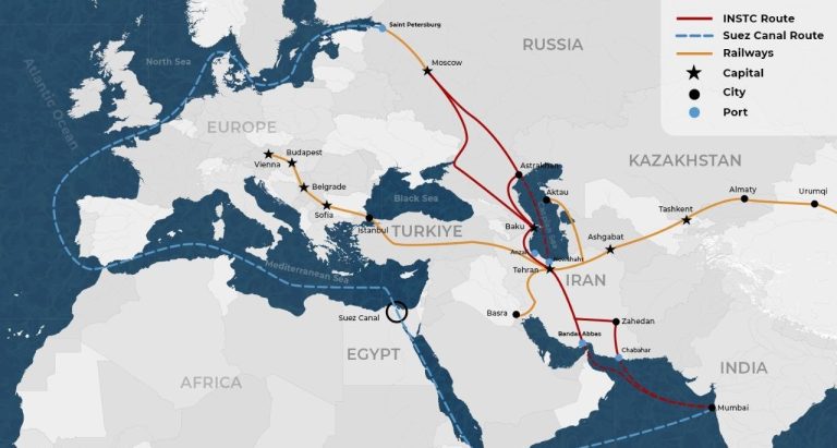 Map showing Eurasian railway networks and INSTC overland trade routes connecting Europe, Russia, Iran, and India alongside the maritime Suez Canal route.