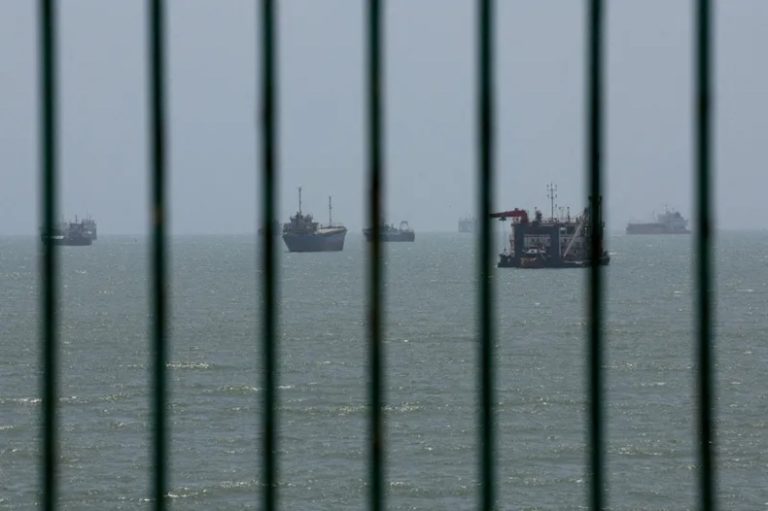 View of cargo ships floating in open water seen through a dark metal fence or grate.