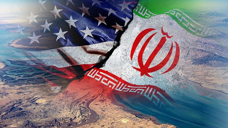 Composite aerial map overlaid with a fractured split of the US and Iranian flags.