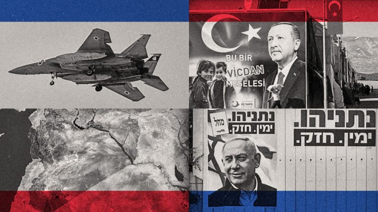 Four-panel collage featuring a military jet, map of the Middle East, and posters of Erdogan and Netanyahu.