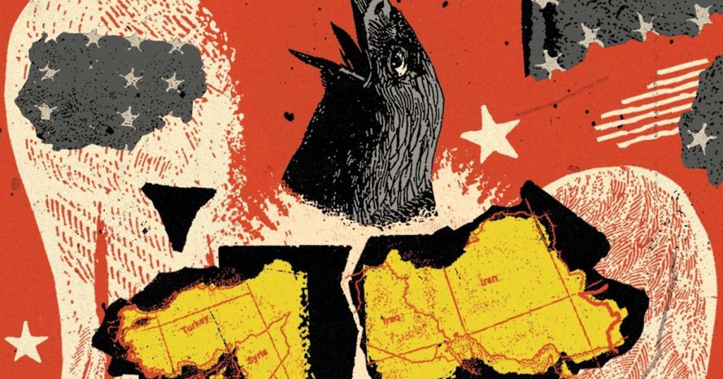 Abstract editorial illustration of a black bird, map shapes of Turkey, Syria, Iraq, and Iran, and US flag motifs.