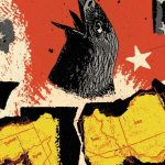 Abstract editorial illustration of a black bird, map shapes of Turkey, Syria, Iraq, and Iran, and US flag motifs.