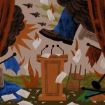 Editorial illustration of a giant boot stepping down onto a conference podium amid flying papers, smoke, and fighter jets.