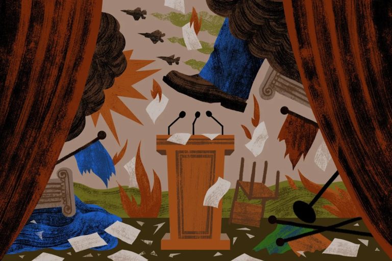 Editorial illustration of a giant boot stepping down onto a conference podium amid flying papers, smoke, and fighter jets.
