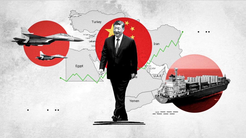 Graphic illustration showing Chinese President Xi Jinping walking in front of a Middle East map, fighter jets, and a cargo ship.