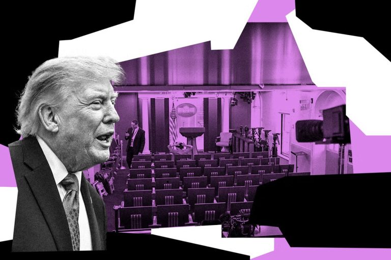 Graphic collage featuring Donald Trump in profile juxtaposed with an empty White House press briefing room tinted in purple.