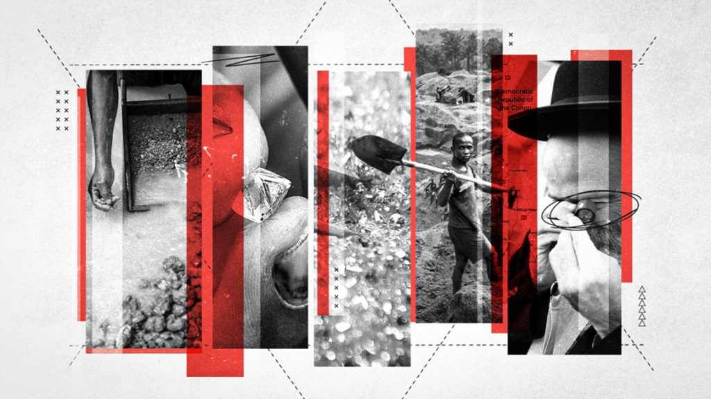 Graphic collage featuring diamond mining, a worker with a shovel, and a man inspecting a gemstone.