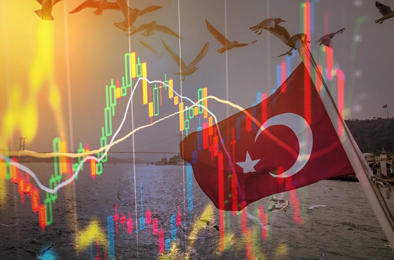 Turkish flag over the Bosphorus Strait overlayed with stock market candlestick chart graphs.
