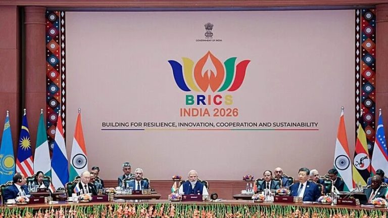 World leaders seated at the main conference table during the BRICS India 2026 summit.
