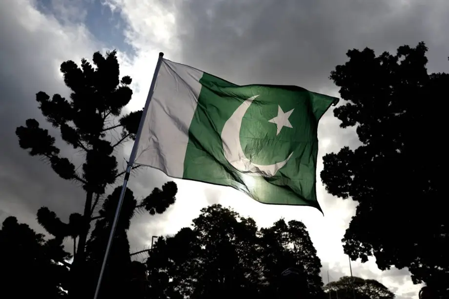 Flag of Pakistan waving on a flagpole against a cloudy sky surrounded by silhouetted trees.