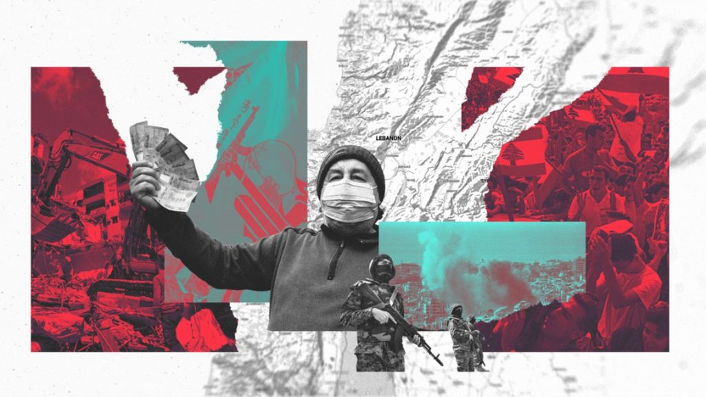 Conceptual artwork showing cash, armed fighters, damaged buildings, and a map of Lebanon.