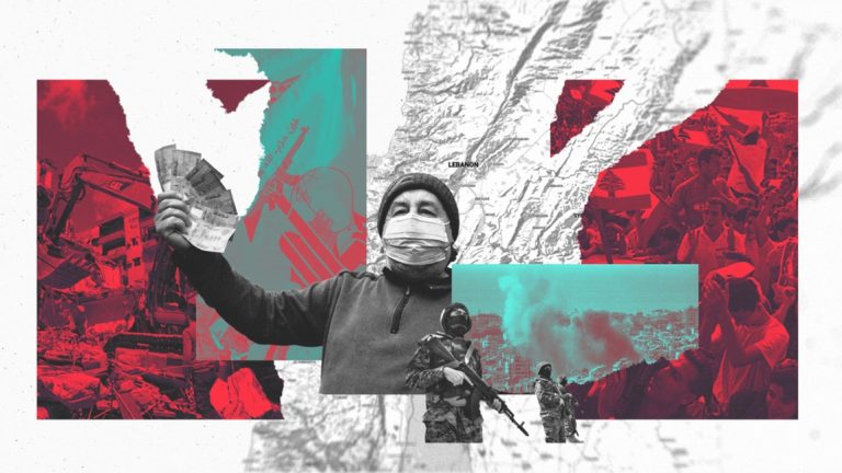 Conceptual artwork showing cash, armed fighters, damaged buildings, and a map of Lebanon.