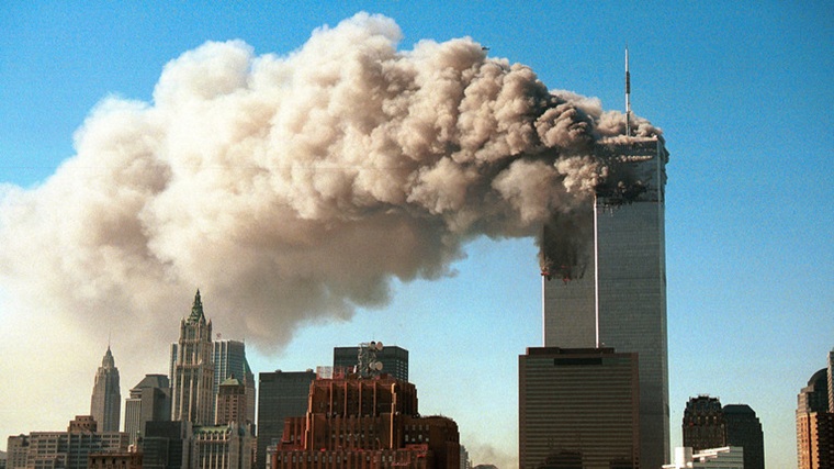 Smoke billowing from the Twin Towers of the World Trade Center in New York City on September 11, 2001.
