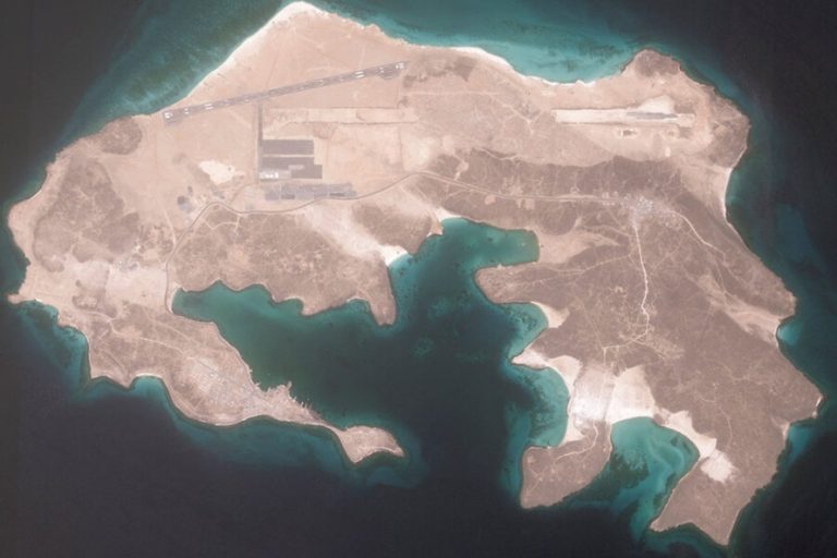 Satellite aerial view of Mayun Island with an airfield runway in the Red Sea.