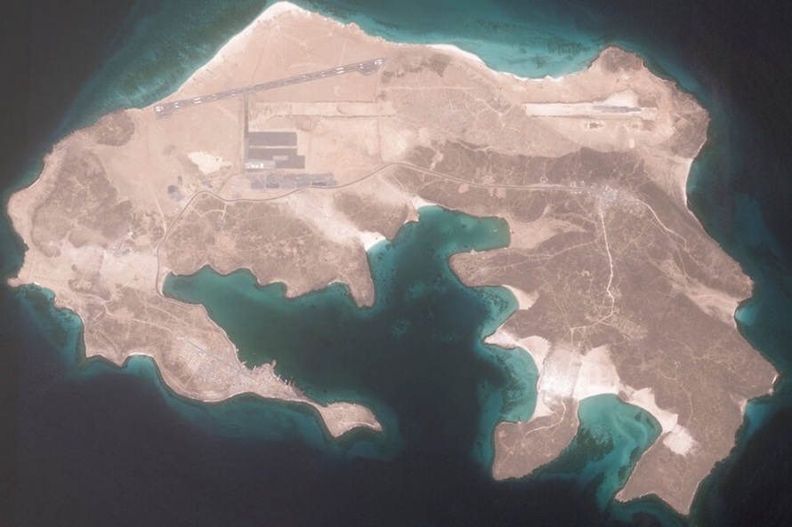 Satellite aerial view of Mayun Island with an airfield runway in the Red Sea.