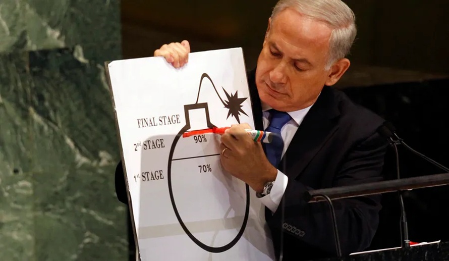 Benjamin Netanyahu drawing a red line on a cartoon bomb diagram at the UN General Assembly.