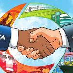 An illustration of two suit-clad arms labelled Africa and China shaking hands over economic graphics.