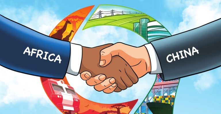 An illustration of two suit-clad arms labelled Africa and China shaking hands over economic graphics.