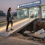 A woman with a prosthetic leg walks down a ramp from a modern training center towards a broken road, symbolizing disability policy contradictions.