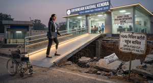 A woman with a prosthetic leg walks down a ramp from a modern training center towards a broken road, symbolizing disability policy contradictions.