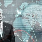 Graphic overlay featuring Donald Trump, financial stock charts, a map of the Strait of Hormuz, and a gas pump sign saying "Sorry out of use".