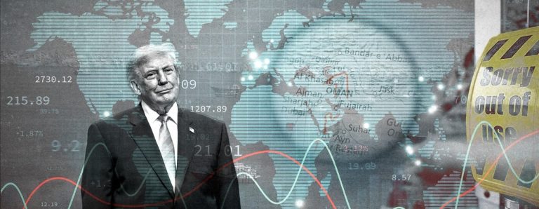 Graphic overlay featuring Donald Trump, financial stock charts, a map of the Strait of Hormuz, and a gas pump sign saying "Sorry out of use".