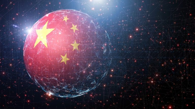 Digital sphere featuring the Chinese flag surrounded by a glowing neural network mesh.