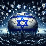 Digital artwork of a globe wrapped in Israeli flag motifs beneath storm clouds filled with dislike icons.