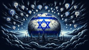 Digital artwork of a globe wrapped in Israeli flag motifs beneath storm clouds filled with dislike icons.