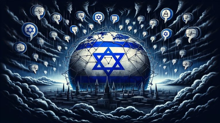 Digital artwork of a globe wrapped in Israeli flag motifs beneath storm clouds filled with dislike icons.