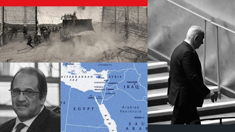 Collage featuring a border breach bulldozer, regional map, Abbas Kamel, and Benjamin Netanyahu.