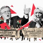 Political collage of Jean-Luc Mélenchon, Marine Le Pen, and street demonstrators carrying pro-Palestine banners.