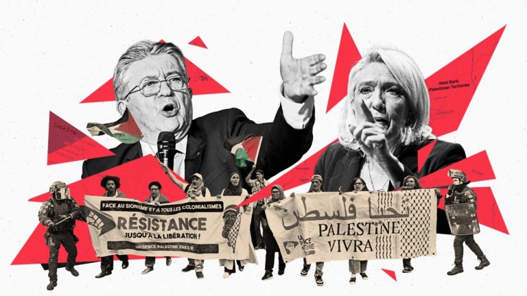 Political collage of Jean-Luc Mélenchon, Marine Le Pen, and street demonstrators carrying pro-Palestine banners.