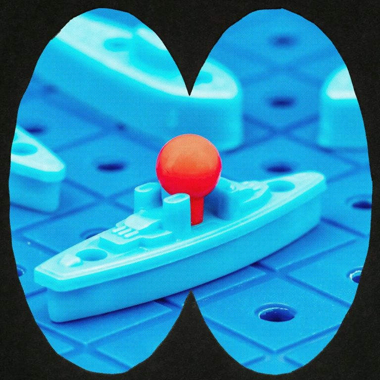 Blue plastic Battleship game piece with a red hit marker pin placed on top.