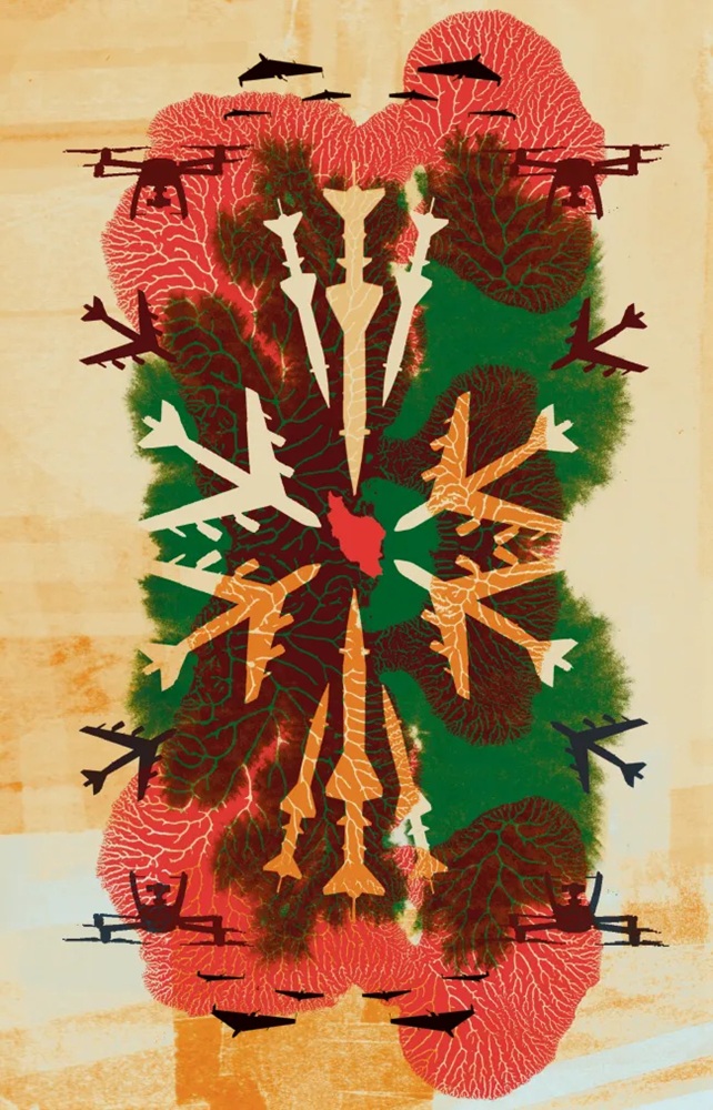 Abstract symmetrical political illustration depicting military fighter jets, drones, and missiles surrounding a map silhouette of Iran.