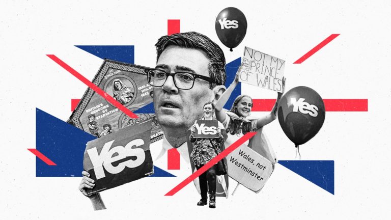 Political collage featuring Andy Burnham, Scottish Yes campaign signs, and Welsh independence banners.