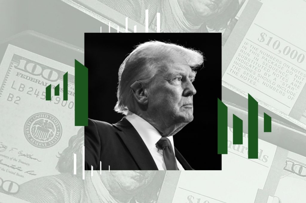 Black and white portrait of Donald Trump overlaid on top of United States hundred-dollar bills.