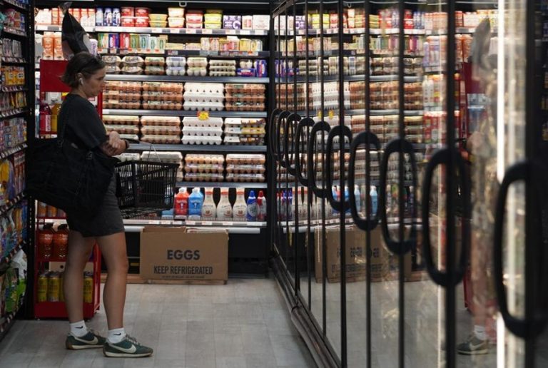 A woman holding a shopping basket looking thoughtfully at egg cartons in a supermarket refrigerated section.