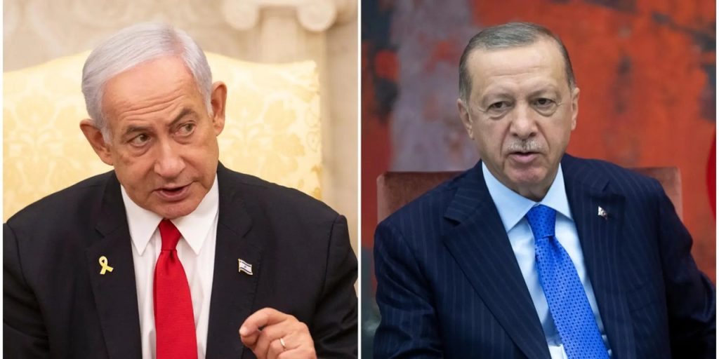 Split portrait of Israeli Prime Minister Benjamin Netanyahu and Turkish President Recep Tayyip Erdoğan.