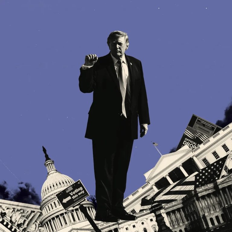 Surreal photomontage featuring Donald Trump standing above the US Capitol and a voting sign.