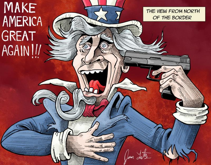 Political cartoon of Uncle Sam in tattered clothes holding a handgun to his head while shouting Make America Great Again.