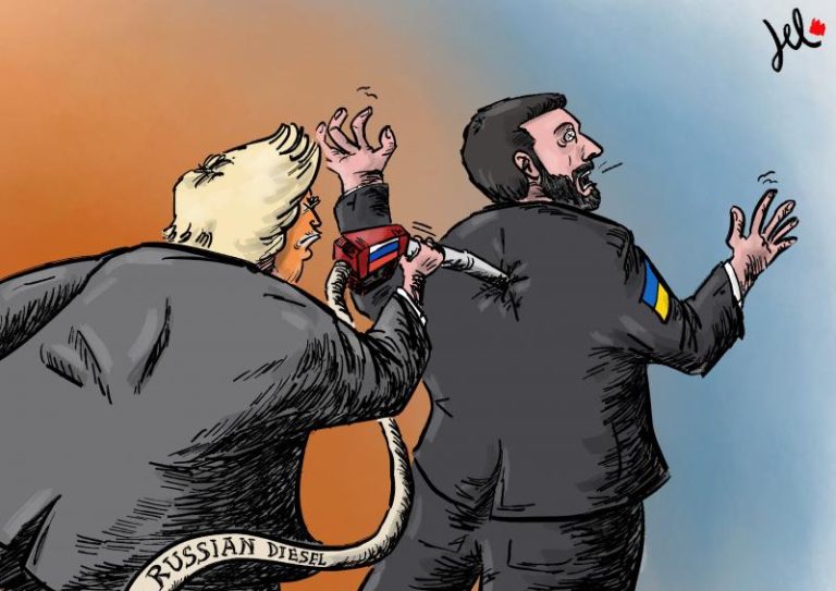 Political cartoon showing a man in a suit stabbing Ukrainian President Volodymyr Zelenskyy in the back with a Russian diesel fuel pump nozzle.