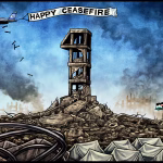 Editorial cartoon by Ben Jennings showing a ruined building shaped like the number one amidst rubble, displaced persons' tents, and an Israeli fighter jet dropping bombs while towing a "Happy Ceasefire" banner.