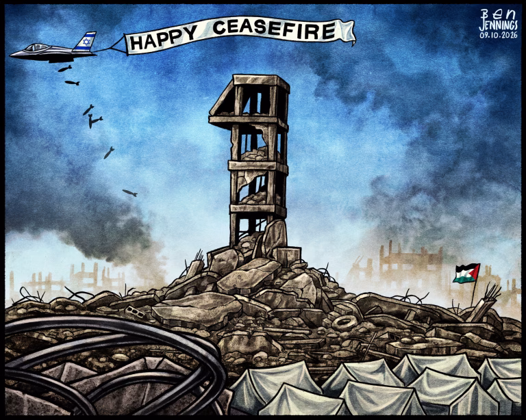 Editorial cartoon by Ben Jennings showing a ruined building shaped like the number one amidst rubble, displaced persons' tents, and an Israeli fighter jet dropping bombs while towing a "Happy Ceasefire" banner.